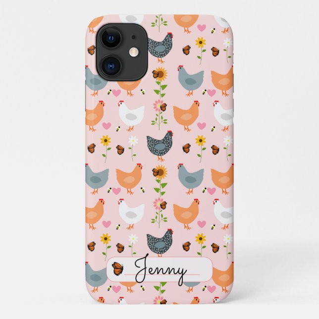 Personalised Floral Chickens iPhone 11 Case (Back)