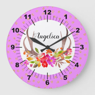 Personalised Floral Deer Antlers Large Clock