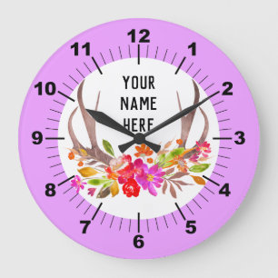 Personalised Floral Deer Antlers Large Clock