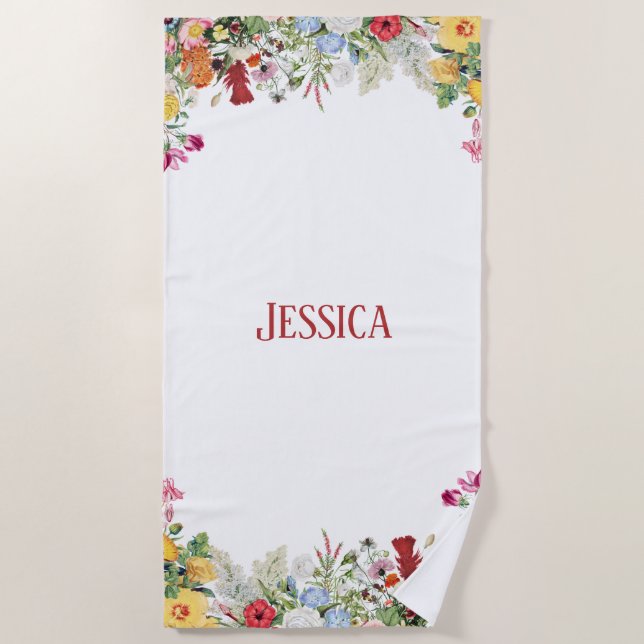 Personalised Floral Garden Colourful Flowers Beach Towel (Front)
