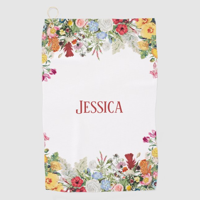 Personalised Floral Garden Colourful Flowers Golf Towel (Front)