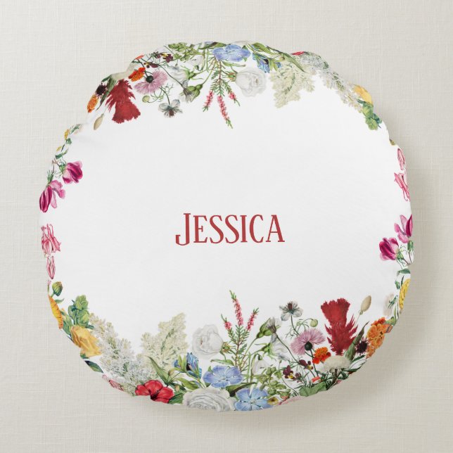Personalised Floral Garden Colourful Flowers  Round Cushion (Front)