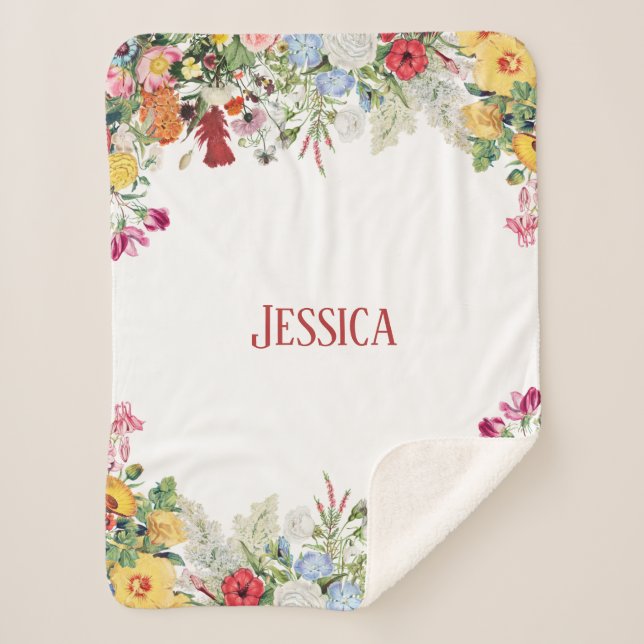 Personalised Floral Garden Colourful Flowers Sherpa Blanket (Front)