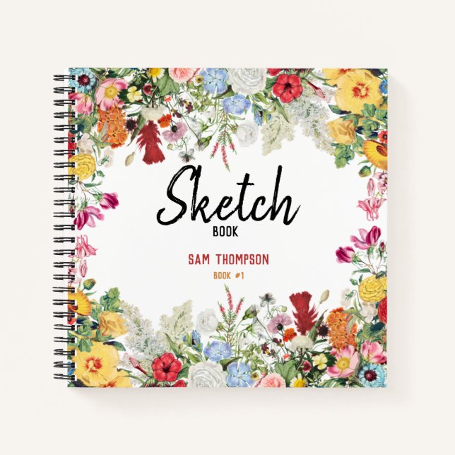 Personalised Floral Garden Flowers Sketchbook Notebook (Front)