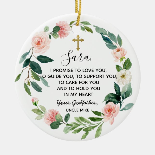 Personalised Floral Godfather Promise to Godchild  Ceramic Tree Decoration (Front)
