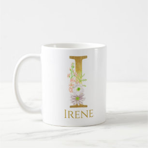 Personalised Floral Gold Monogram Letter I Custom Coffee Mug