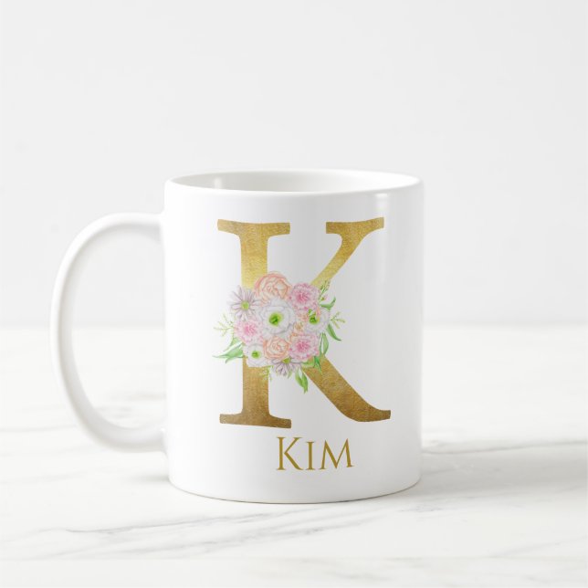 Personalised Floral Gold Monogram Letter K Custom Coffee Mug (Left)