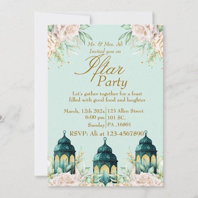 Personalised Floral Gold Ramadan Iftar Party  Invitation (Front)