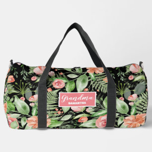 Personalised Floral Grandma Mother's Day Black Duffle Bag