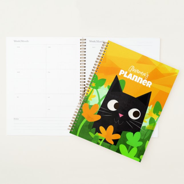 Personalised Floral Green Orange Black Cat  Planner (Display)