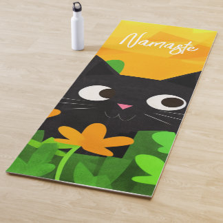 Personalised Floral Green Orange Black Cat Yoga Mat