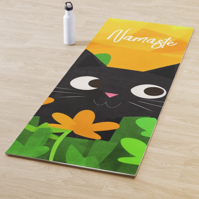 Personalised Floral Green Orange Black Cat Yoga Mat (In Situ)