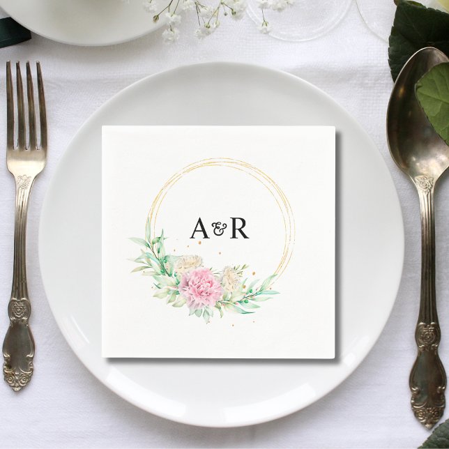 Personalised Floral Greenery Circle Wedding Paper Napkin (Personalized floral greenery circle wedding paper napkins add fresh elegance to wedding receptions.)