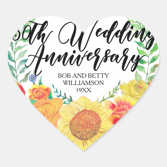 Personalised Floral Heart 50th Wedding Anniversary Heart Sticker (Front)