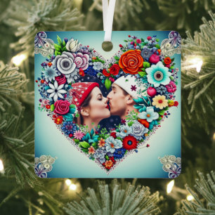 Personalised Floral Heart Frame Christmas Gift Metal Tree Decoration
