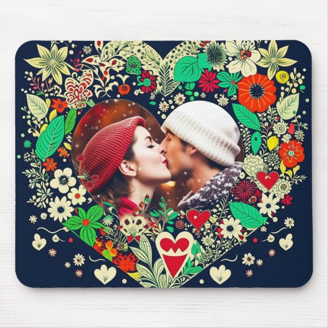 Personalised Floral Heart Frame Photo Mouse Mat (Front)