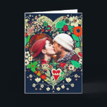 Personalised Floral Heart Frame Romantic Christmas Card<br><div class="desc">Personalised Christmas card. Pretty red,  dark blue and beige colourful flowers whimsical folk art style floral heart. Add a picture of you and your partner in the personalise area.</div>