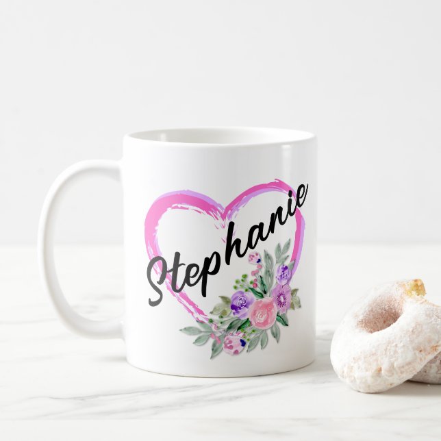 Personalised Floral Heart Mug (With Donut)