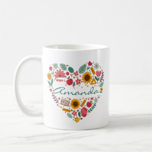 Personalised Floral Heart Name Custom Botanical Coffee Mug