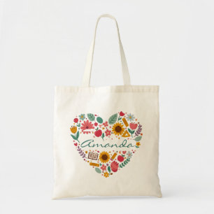 Personalised Floral Heart Name Custom Botanical Tote Bag