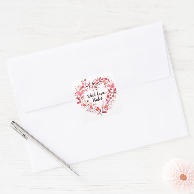 Personalised Floral Heart Square Sticker (Envelope)