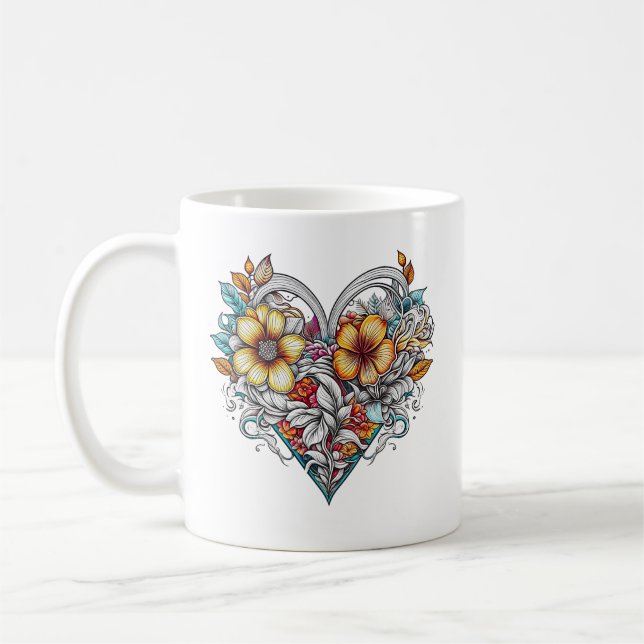 Personalised Floral Heart with Sentimental Message Coffee Mug (Left)