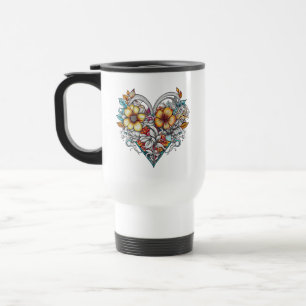 Personalised Floral Heart with Sentimental Message Travel Mug
