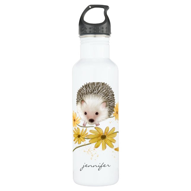 Personalised Floral Hedgehog 710 Ml Water Bottle (Front)
