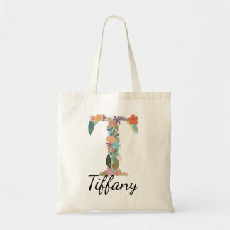 Personalised Floral Initial Custom Name Monogram  Tote Bag