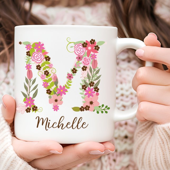 Personalised Floral Initial Monogram M Pink Flower Coffee Mug (Personalized Monogram Floral Letter M Coffee Mug)