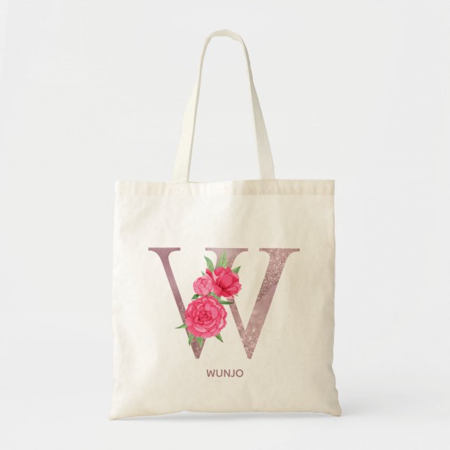 Personalised Floral Initial W Tote Bag Bridesmaid  (Front)