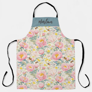 Personalised Floral Kitchen Apron with Bees Peony