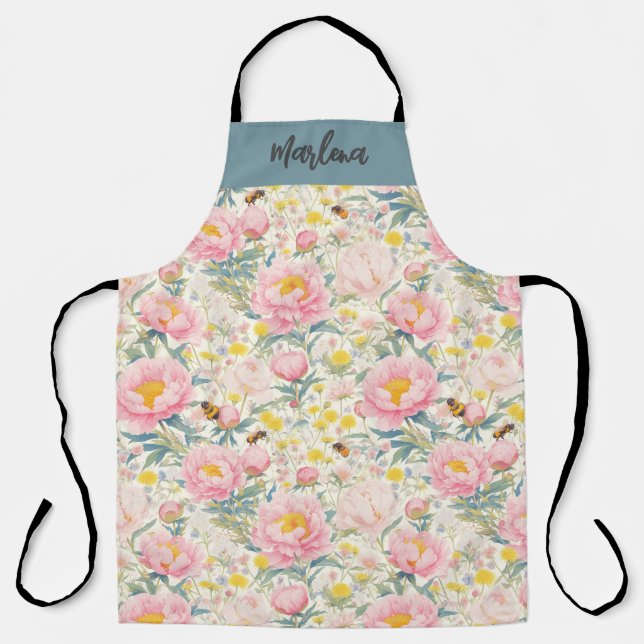 Personalised Floral Kitchen Apron with Bees Peony (Front)