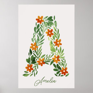 Personalised Floral Letter A with Orange Flowers  Poster