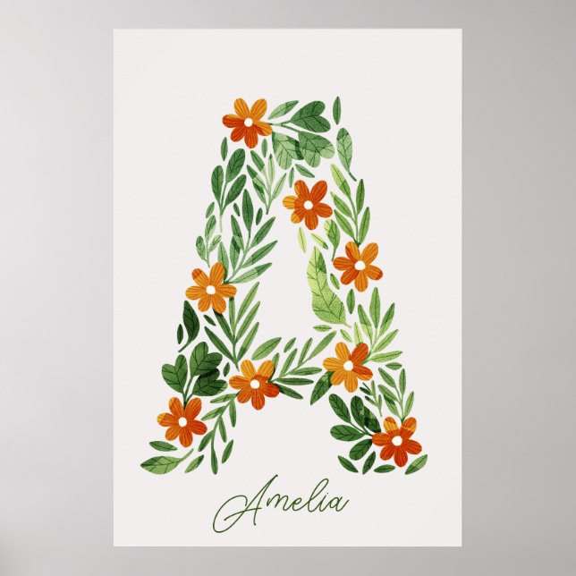 Personalised Floral Letter A with Orange Flowers  Poster (Front)