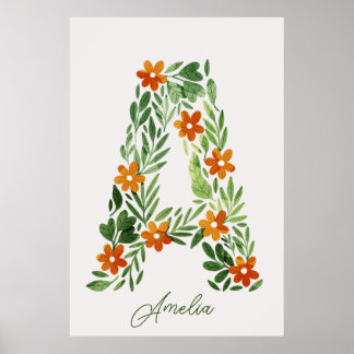 Personalised Floral Letter A with Orange Flowers Poster