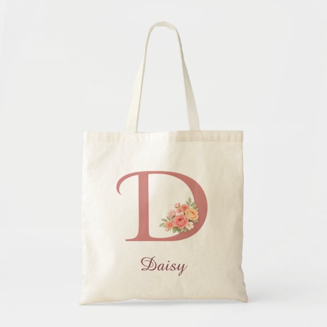 Personalised Floral Letter D Monogram Tote Bag (Front)
