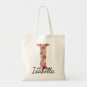 Personalised Floral Letter I Custom Name Botanical Tote Bag