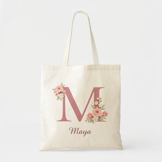 Personalised Floral Letter M Monogram Tote Bag (Front)