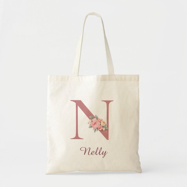 Personalised Floral Letter N Monogram Tote Bag (Front)