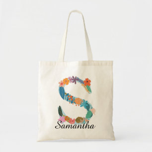 Personalised Floral Letter S Custom Name Botanical Tote Bag