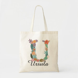 Personalised Floral Letter U Custom Name Canvas  Tote Bag