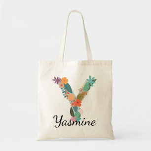 Personalised Floral Letter Y Custom Name Canvas Tote Bag