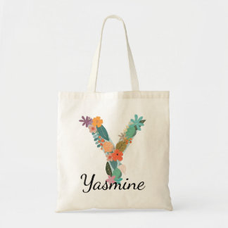 Personalised Floral Letter Y Custom Name Canvas Tote Bag