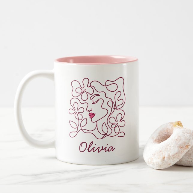 Personalised Floral Line Art Face Custom Name Mug (With Donut)