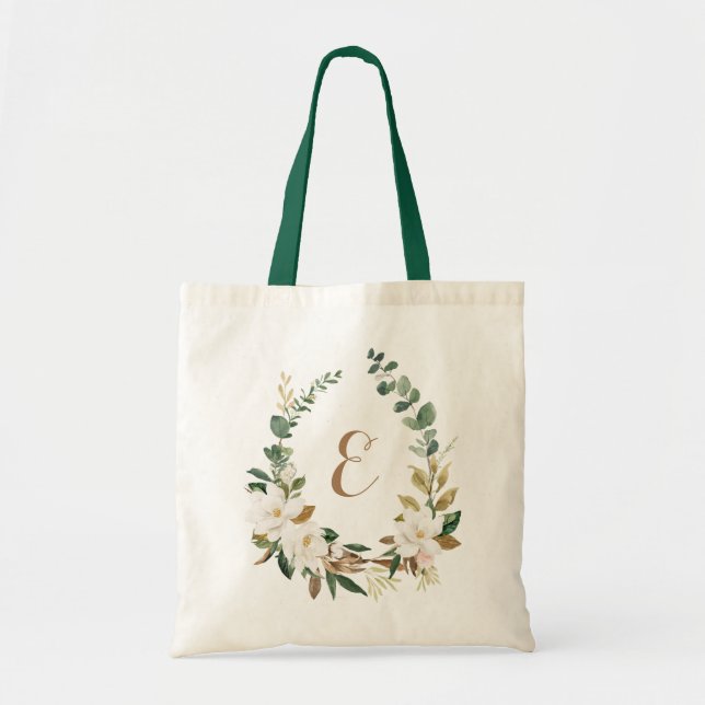 Personalised Floral Magnolia Greenery Tote Bag (Front)