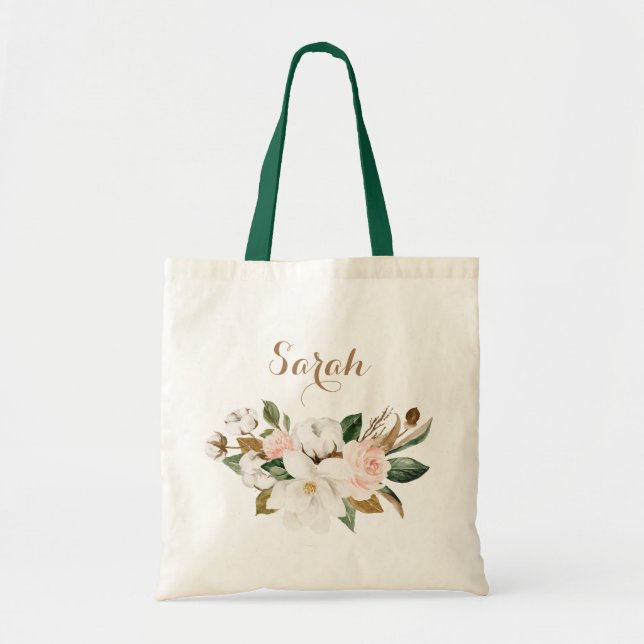 Personalised Floral Magnolia Greenery Tote Bag (Front)