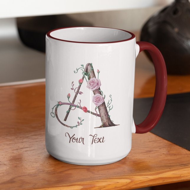 Personalised Floral Monogram A with Roses & Bark Mug (Creator Uploaded)