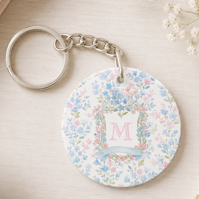 Personalised Floral Monogram Acrylic Keychain (elegant feminine grandmillennial floral keychain with custom family crest monogram)
