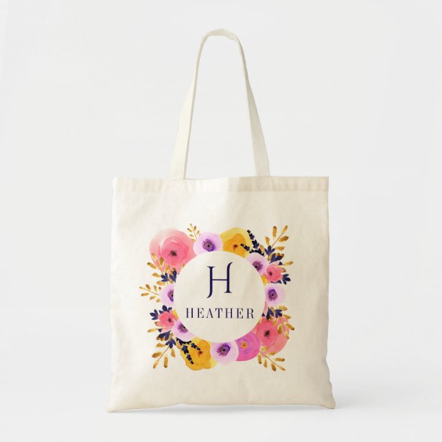 Personalised Floral Monogram and Name Tote Bag (Front)
